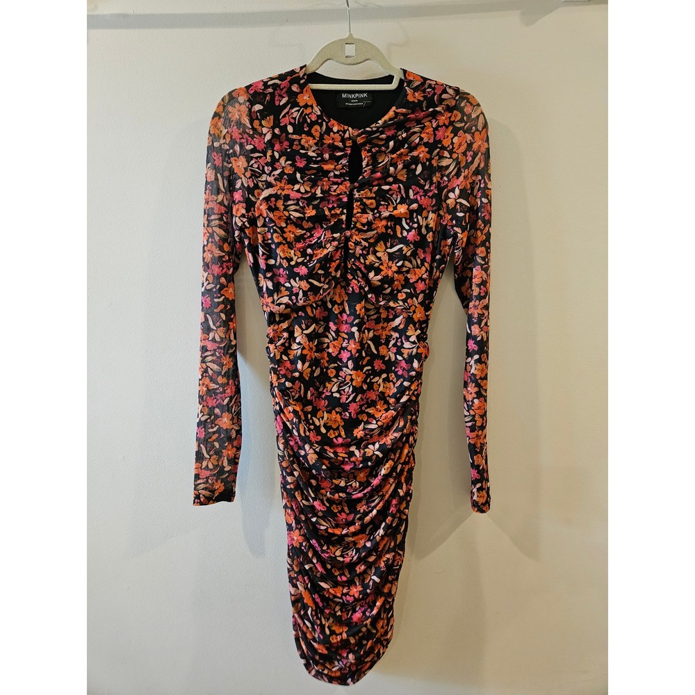 Minkpink Womens Floral Mesh Ruched Long Sleeve Mini Dress Orange Pink Black Med